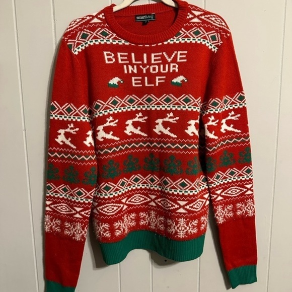 Ugly Christmas Sweater by Smart Living Believe in Your Elf Knit Fairisle Red Med - Picture 2 of 8